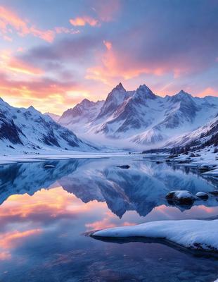 The primary subject of the image is a beautiful mountain range with snow-covered peaks, reflecting the sunset. The setting is a serene lake, surrounded by the majestic mountains. The visual style is a realistic, natural landscape, with the colors and mood evoking a sense of tranquility and awe.